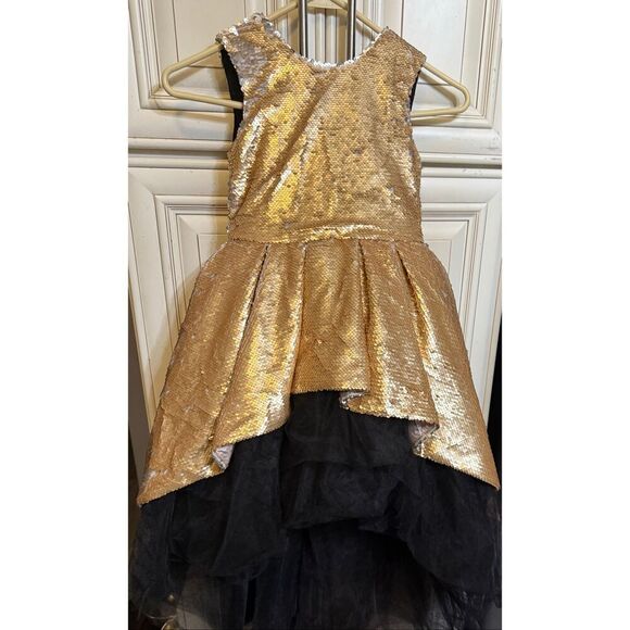 Custom Made Girls Sequined Sleeveless Tulle Hi-Low Dress Gold Black Size 5-6 - Picture 6 of 13